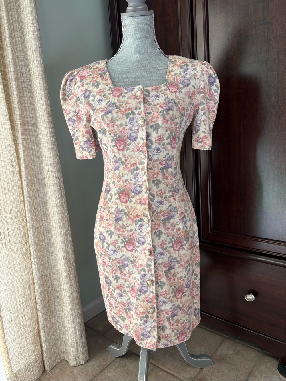 Vintage 80s/90s floral rose French romantic mini button dress size 9/10